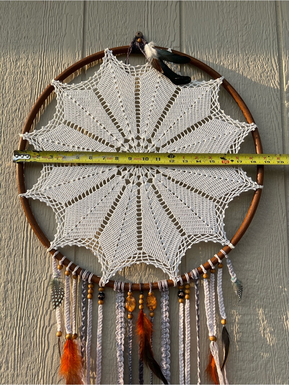 Handmade White Crochet Dreamcatcher Wall Hanging with Brown Hoop Boho Western - Picture 7 of 16
